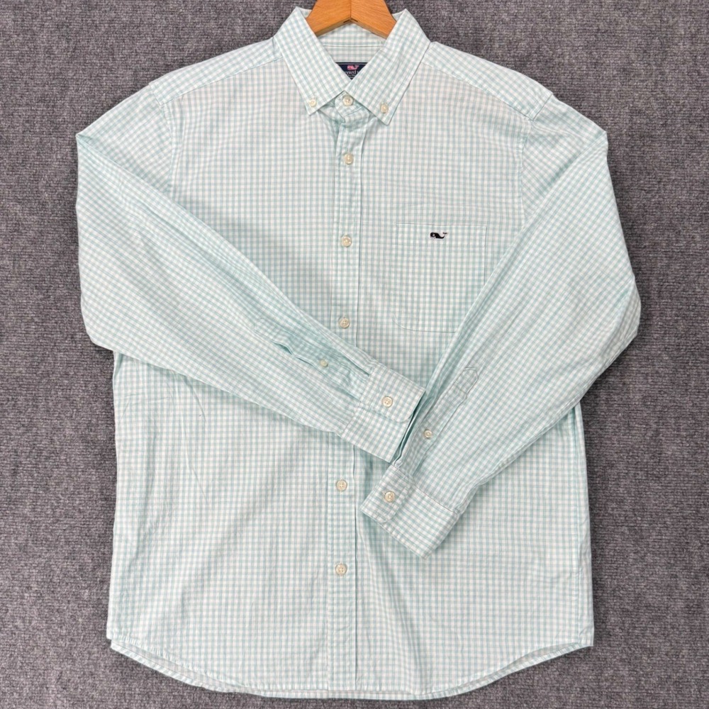 Vineyard Vines Classic Fit Aberdeen Tucker Shirt Men's Large Light Aqua Gingham